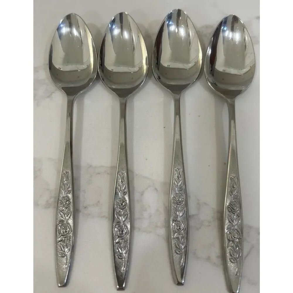 Eldan ELD18 Set Of 4 Teaspoons MAY ROSE Textured Roses Stainless Vintage MCM